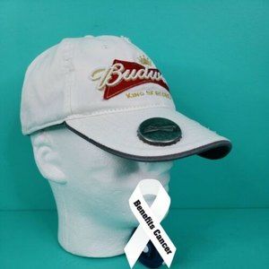 Budweiser White Distressed Bottle Cap Opener Strapback Baseball Hat Cap Beer